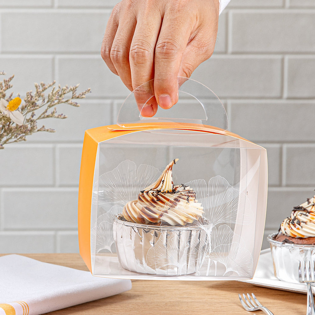 Sweet Vision Rectangle Clear Plastic Cupcake Box - with Handle, Orange Paper Wrap, Leaf Accent - 5" x 3 1/4" x 4" - 100 count box