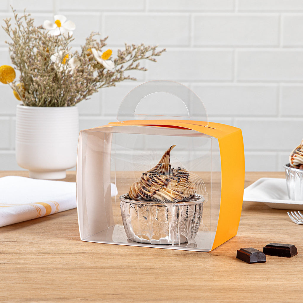 Sweet Vision Rectangle Clear Plastic Cupcake Box - with Handle, Orange Paper Wrap, Leaf Accent - 5" x 3 1/4" x 4" - 100 count box