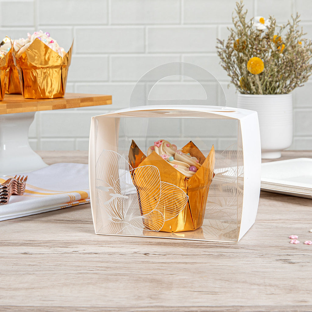 Sweet Vision Rectangle Clear Plastic Cupcake Box - with Handle, White Paper Wrap, Lotus Accent - 5" x 3 1/4" x 4" - 100 count box