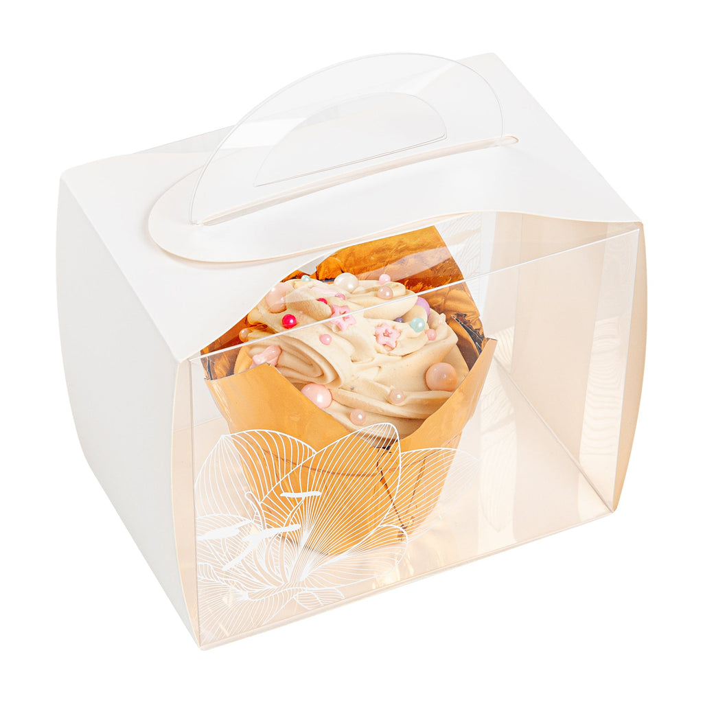 Sweet Vision Rectangle Clear Plastic Cupcake Box - with Handle, White Paper Wrap, Lotus Accent - 5" x 3 1/4" x 4" - 100 count box