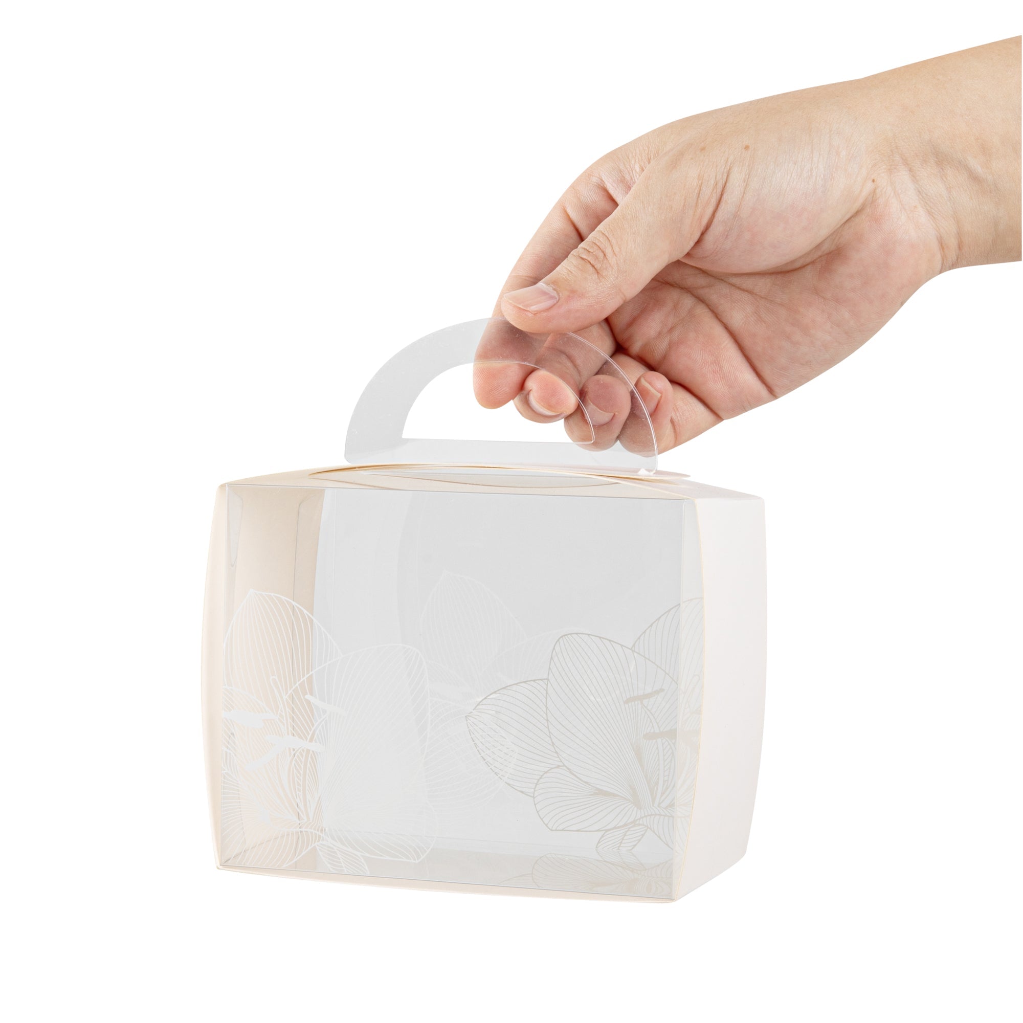 Sweet Vision Rectangle Clear Plastic Cupcake Box - with Handle, White Paper Wrap, Lotus Accent - 5" x 3 1/4" x 4" - 100 count box