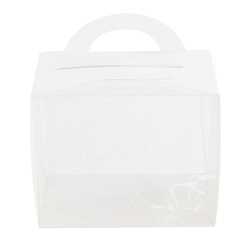 Sweet Vision Rectangle Clear Plastic Cupcake Box - with Handle, White Paper Wrap, Lotus Accent - 5" x 3 1/4" x 4" - 100 count box