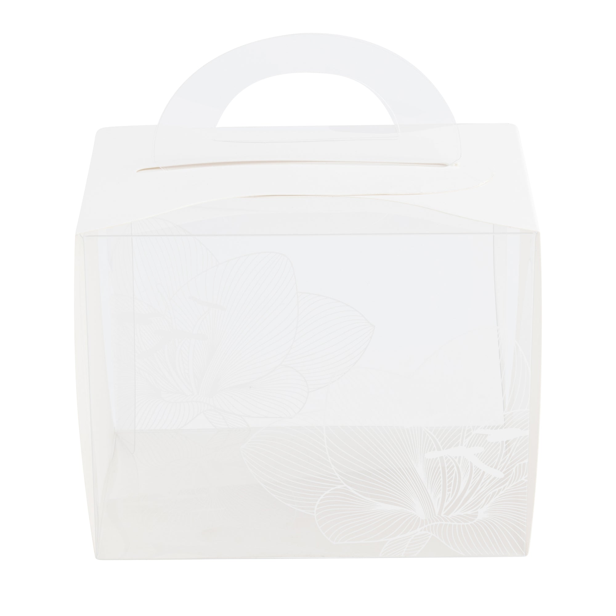 Sweet Vision Rectangle Clear Plastic Cupcake Box - with Handle, White Paper Wrap, Lotus Accent - 5" x 3 1/4" x 4" - 100 count box