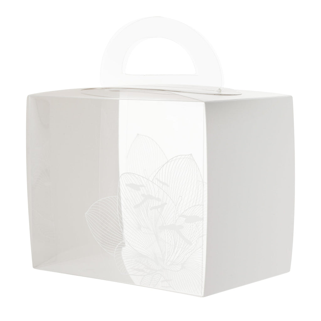 Sweet Vision Rectangle Clear Plastic Cupcake Box - with Handle, White Paper Wrap, Lotus Accent - 5" x 3 1/4" x 4" - 100 count box