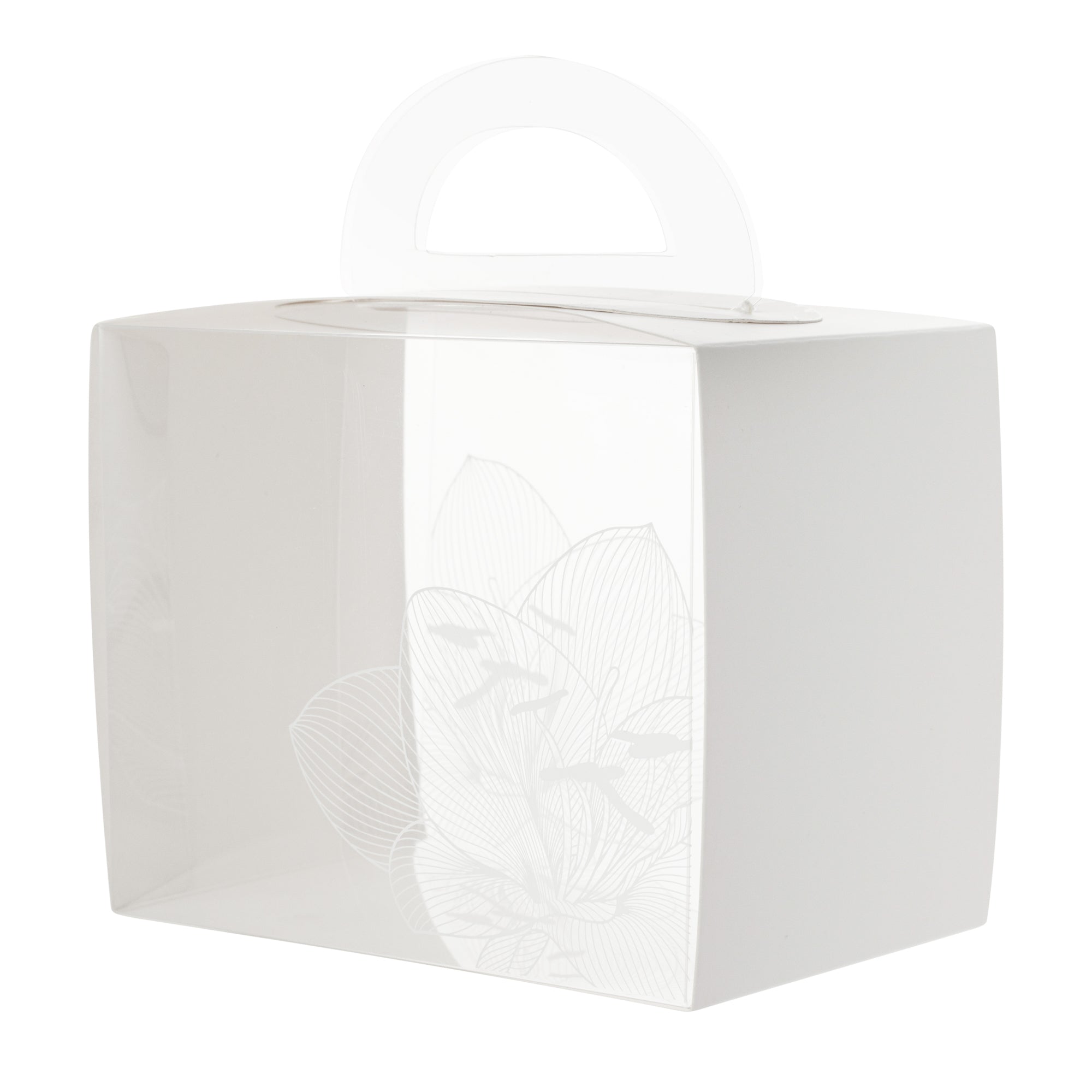 Sweet Vision Rectangle Clear Plastic Cupcake Box - with Handle, White Paper Wrap, Lotus Accent - 5" x 3 1/4" x 4" - 100 count box