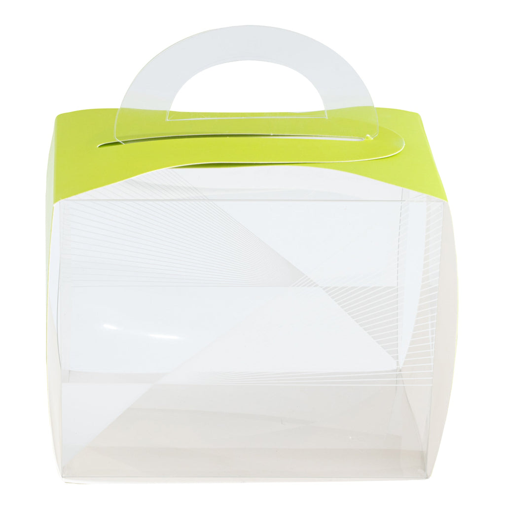 Sweet Vision Rectangle Clear Plastic Cupcake Box - with Handle, Yellow Paper Wrap, Geometric Line Accent - 5" x 3 1/4" x 4" - 100 count box