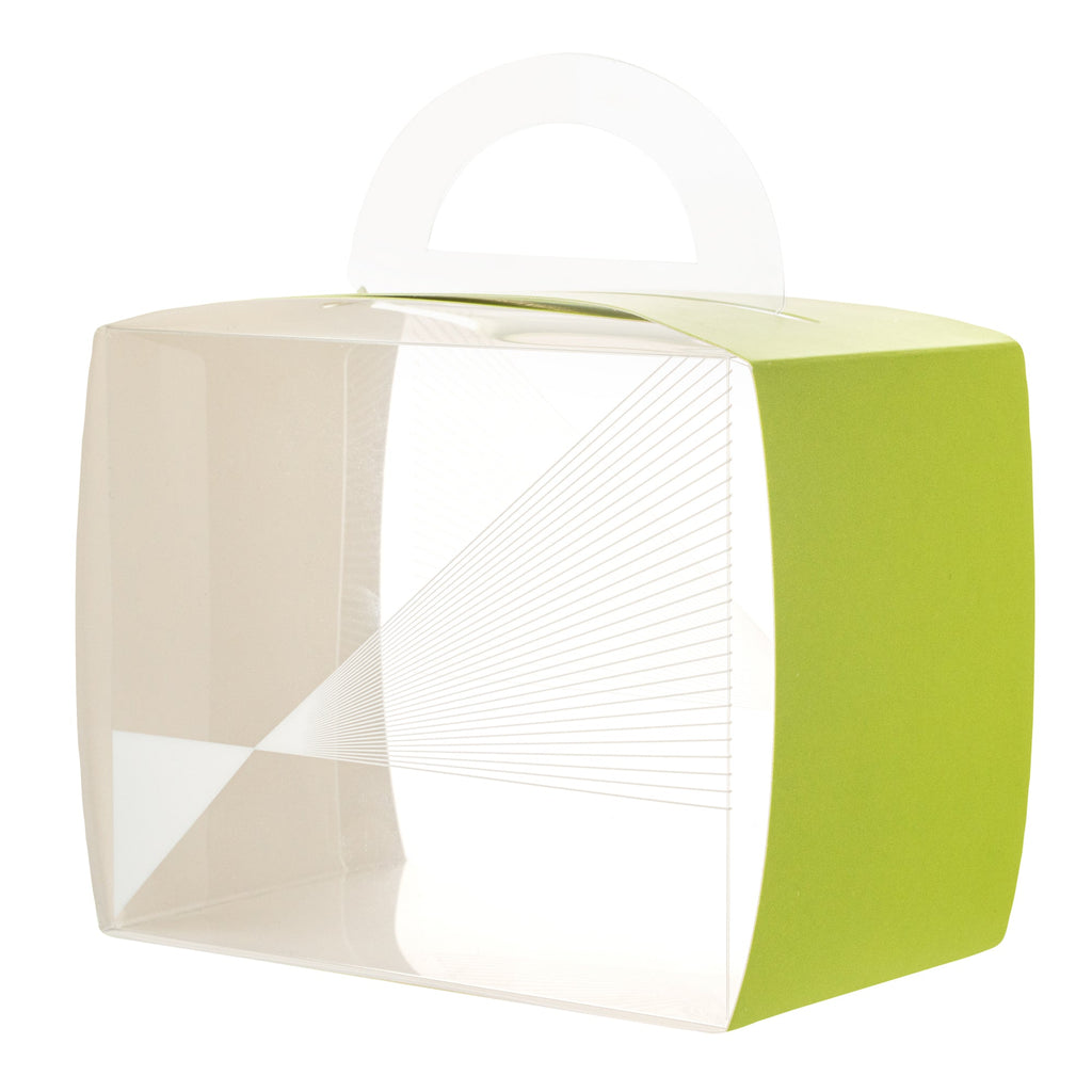Sweet Vision Rectangle Clear Plastic Cupcake Box - with Handle, Yellow Paper Wrap, Geometric Line Accent - 5" x 3 1/4" x 4" - 100 count box