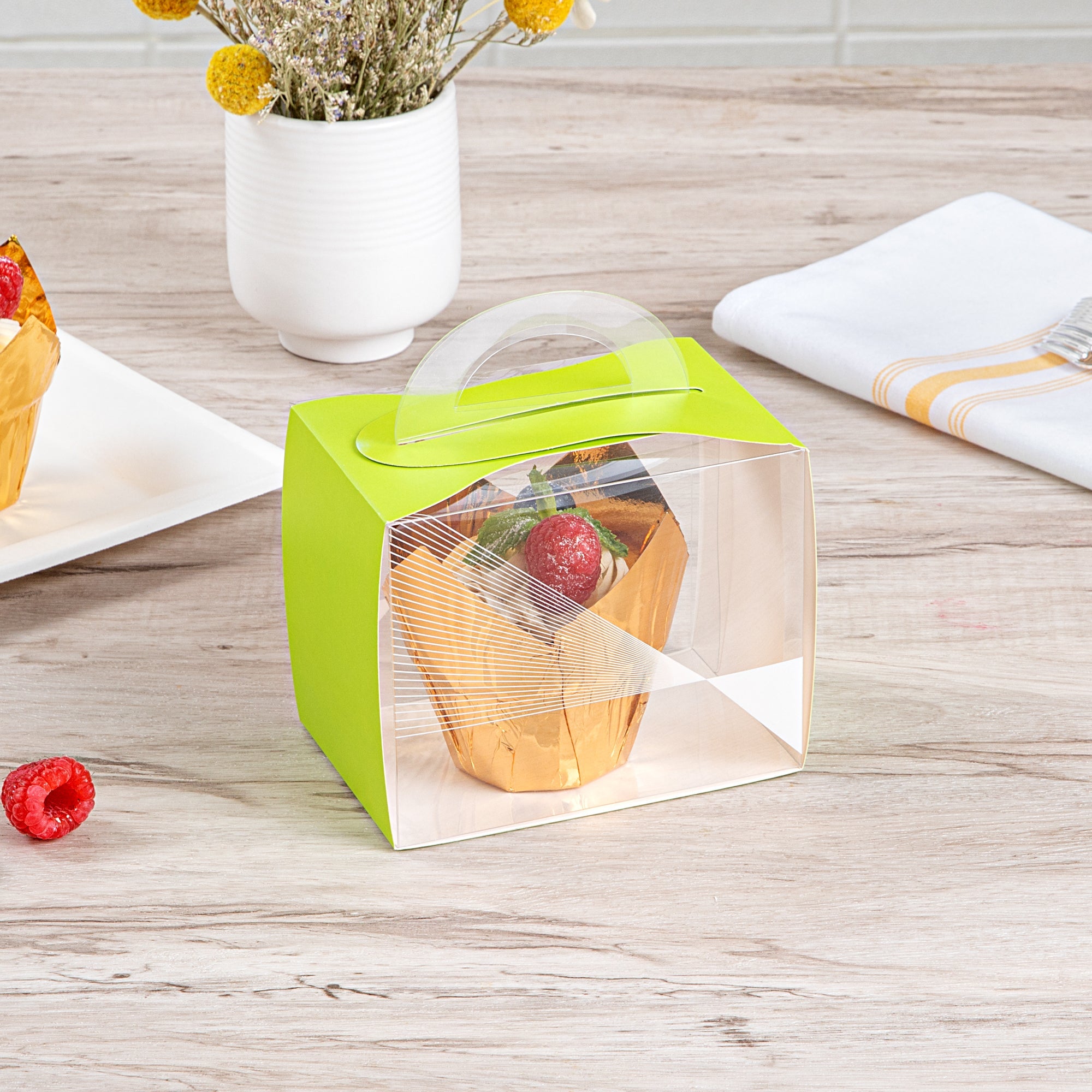 Sweet Vision Rectangle Clear Plastic Cupcake Box - with Handle, Yellow Paper Wrap, Geometric Line Accent - 5" x 3 1/4" x 4" - 100 count box