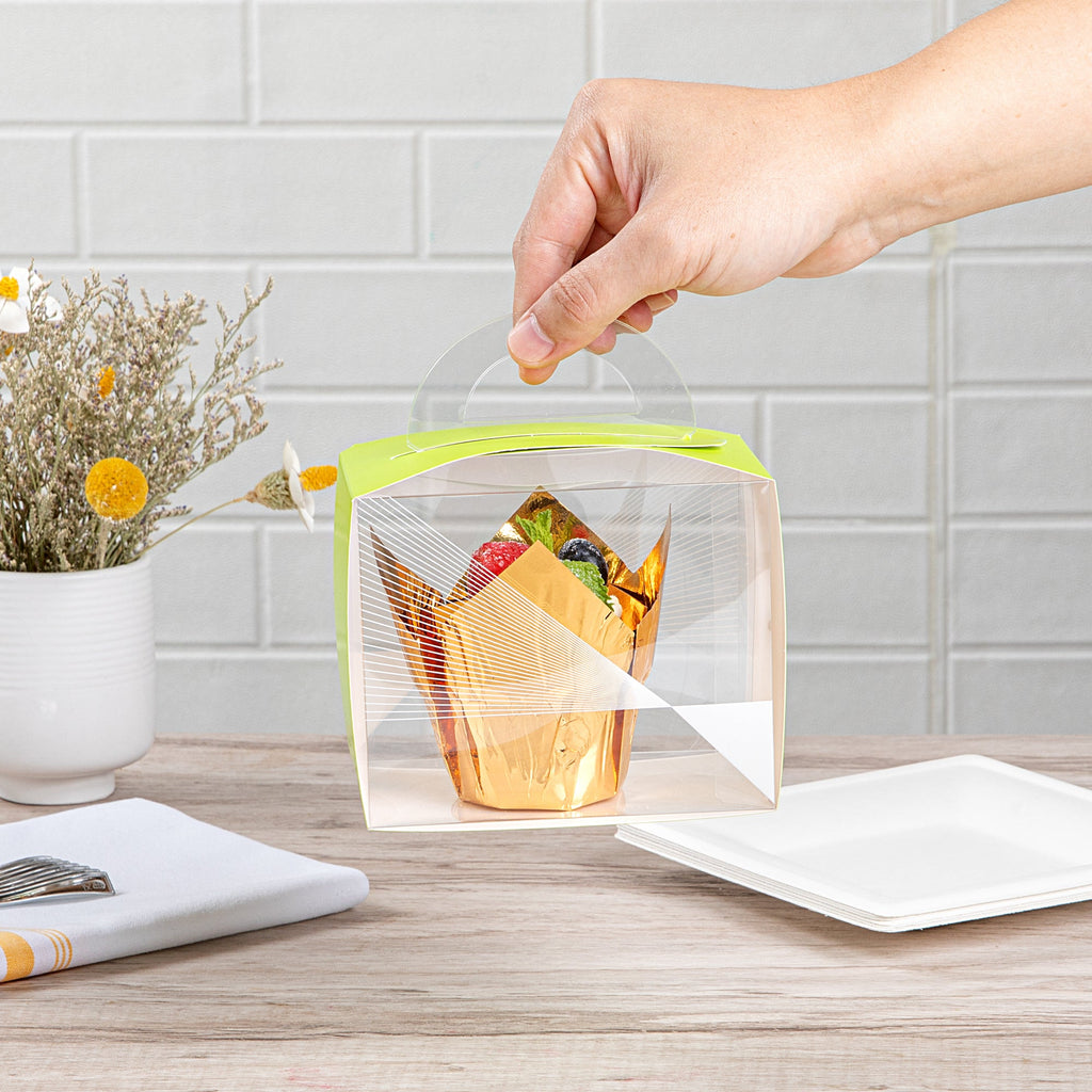 Sweet Vision Rectangle Clear Plastic Cupcake Box - with Handle, Yellow Paper Wrap, Geometric Line Accent - 5" x 3 1/4" x 4" - 100 count box