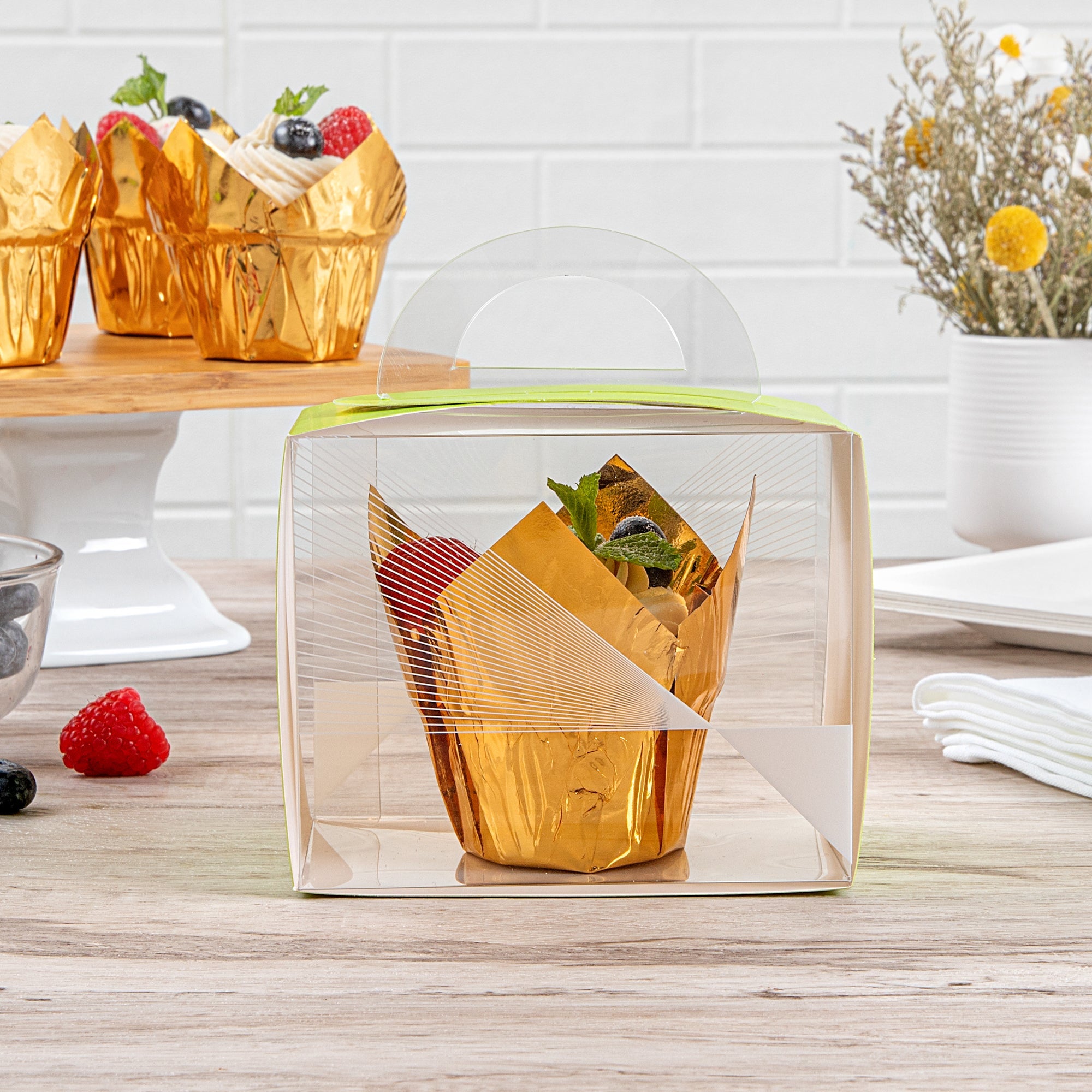 Sweet Vision Rectangle Clear Plastic Cupcake Box - with Handle, Yellow Paper Wrap, Geometric Line Accent - 5" x 3 1/4" x 4" - 100 count box