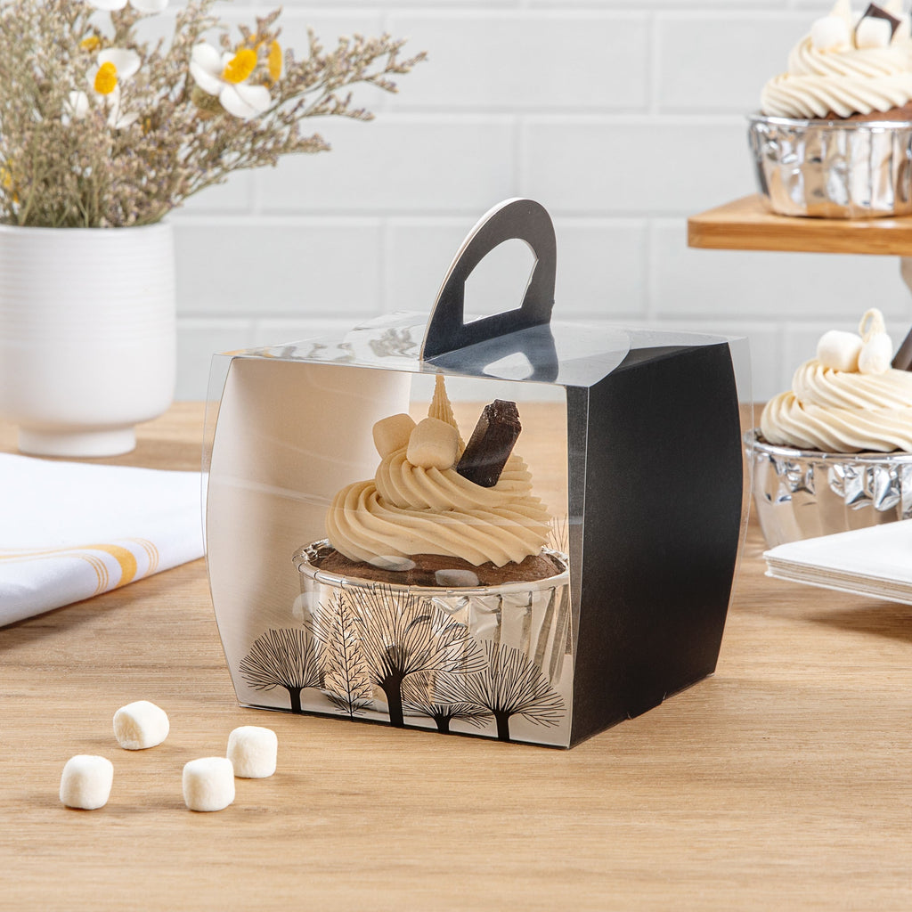 Sweet Vision Square Clear Plastic Cupcake Box - with Handle, Black Paper Wrap, Tree Accent - 4" x 4" x 4 1/4" - 100 count box
