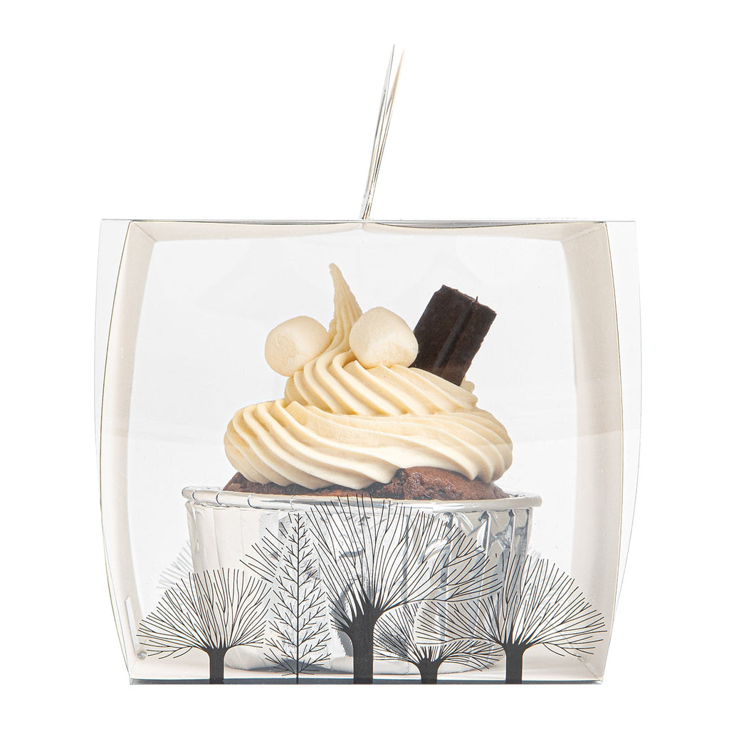 Sweet Vision Square Clear Plastic Cupcake Box - with Handle, Black Paper Wrap, Tree Accent - 4" x 4" x 4 1/4" - 100 count box
