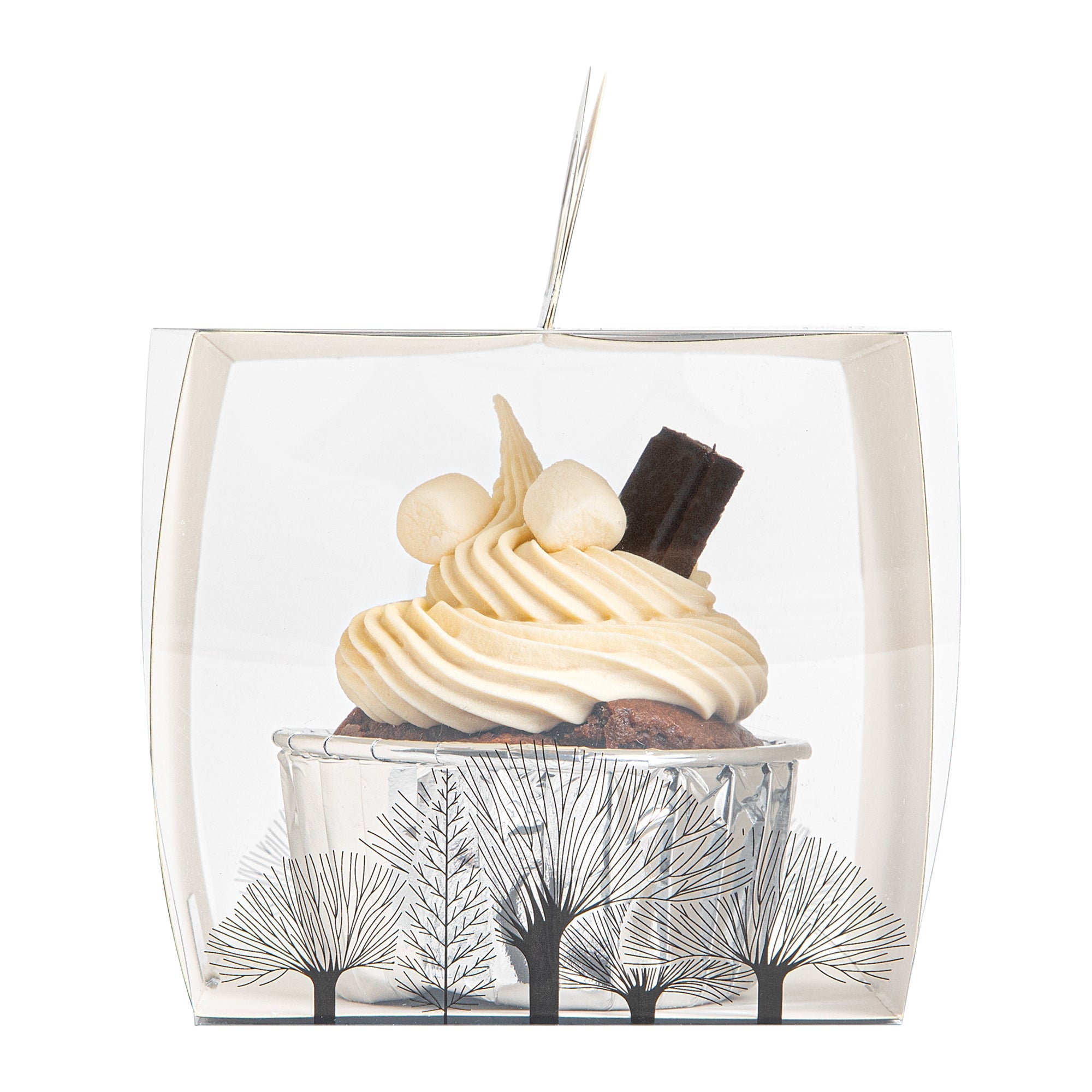 Sweet Vision Square Clear Plastic Cupcake Box - with Handle, Black Paper Wrap, Tree Accent - 4" x 4" x 4 1/4" - 100 count box