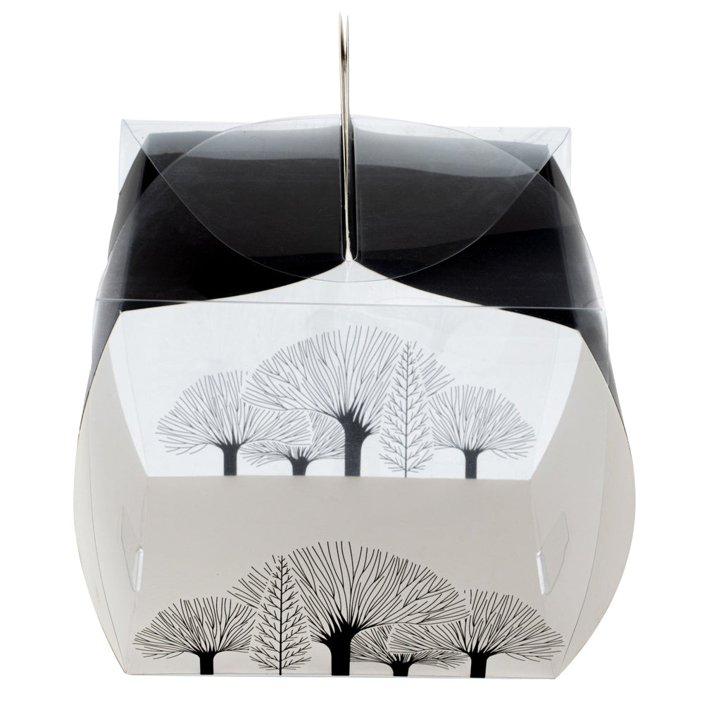 Sweet Vision Square Clear Plastic Cupcake Box - with Handle, Black Paper Wrap, Tree Accent - 4" x 4" x 4 1/4" - 100 count box
