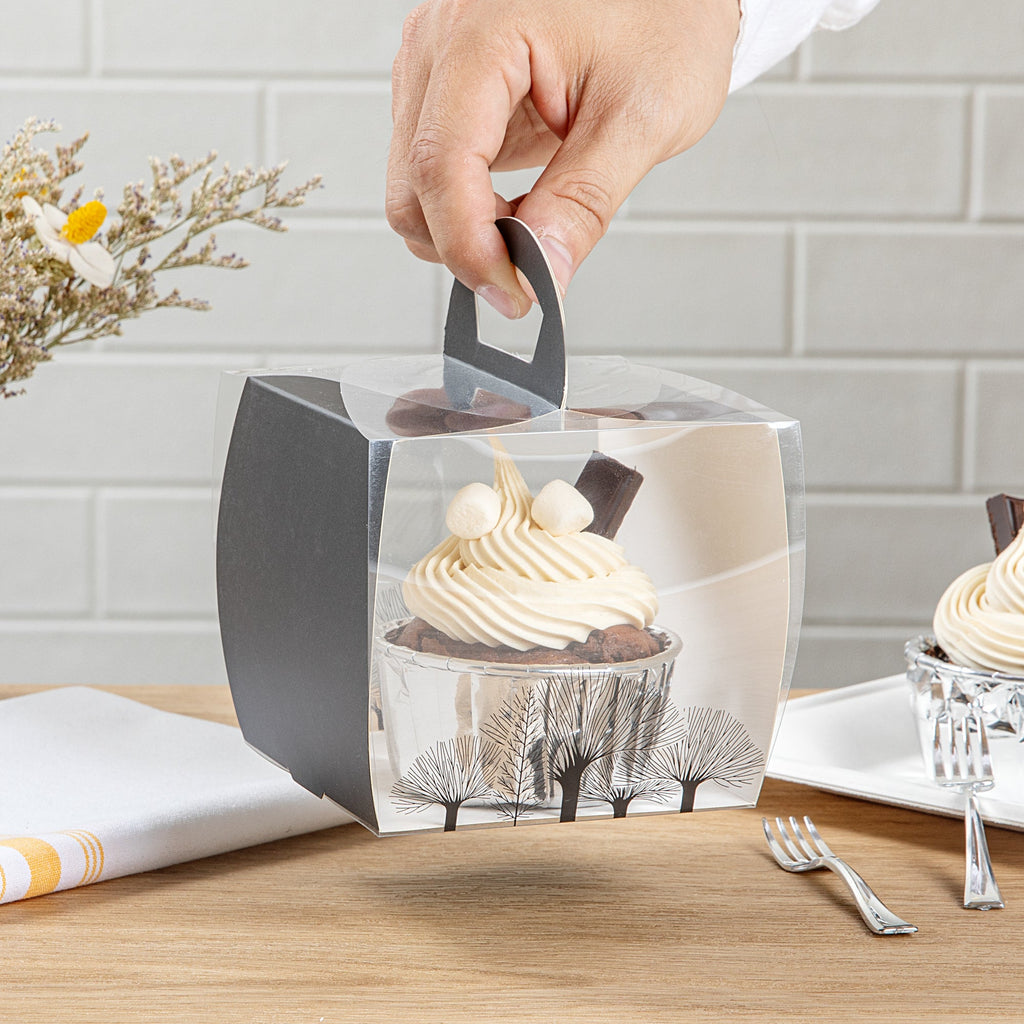 Sweet Vision Square Clear Plastic Cupcake Box - with Handle, Black Paper Wrap, Tree Accent - 4" x 4" x 4 1/4" - 100 count box