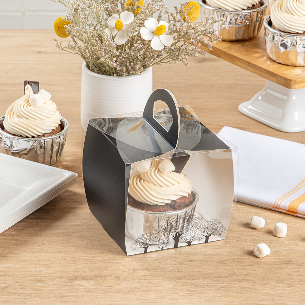Sweet Vision Square Clear Plastic Cupcake Box - with Handle, Black Paper Wrap, Tree Accent - 4" x 4" x 4 1/4" - 100 count box