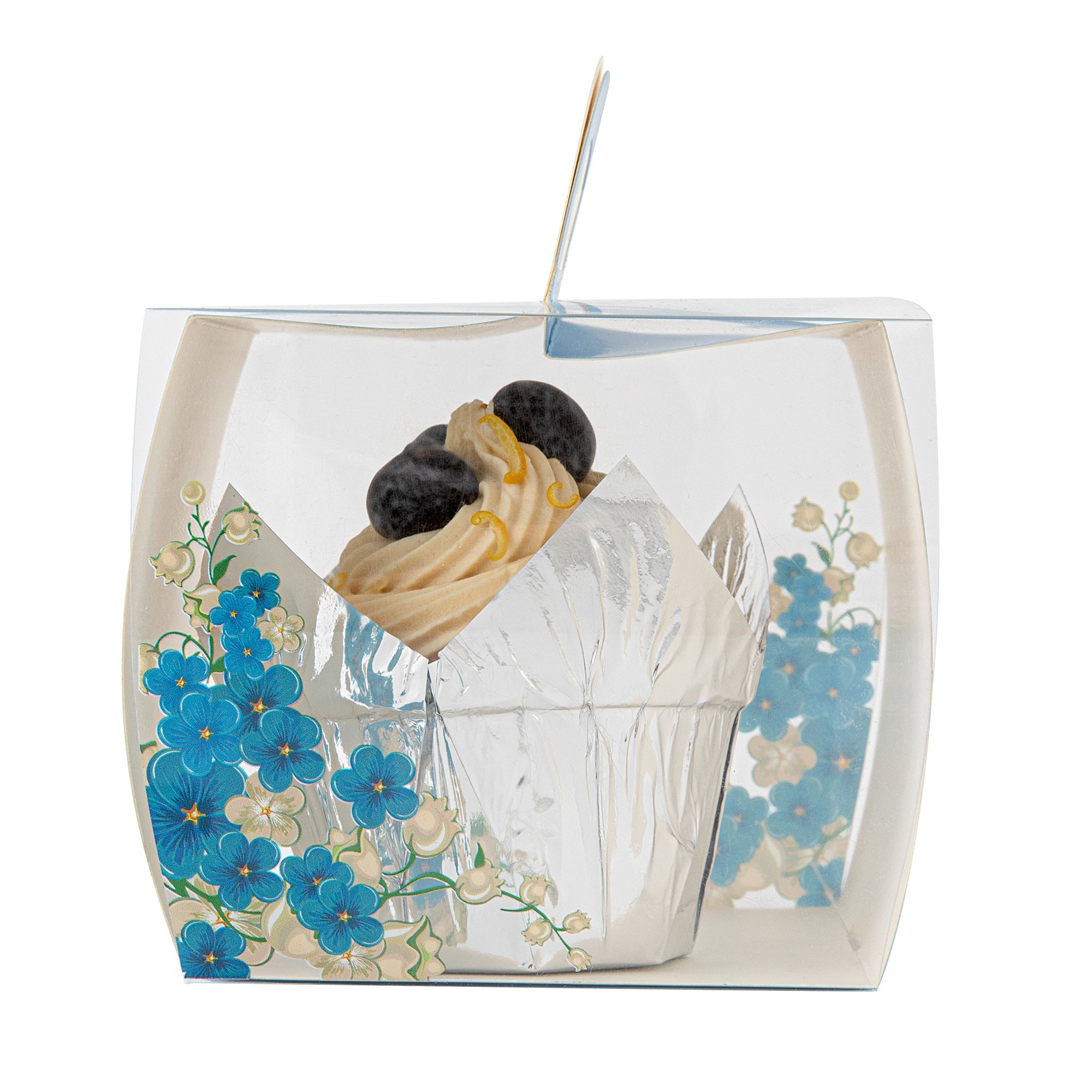 Sweet Vision Square Clear Plastic Cupcake Box - with Handle, Blue Paper Wrap, Flower Accent - 4" x 4" x 4 1/4" - 100 count box