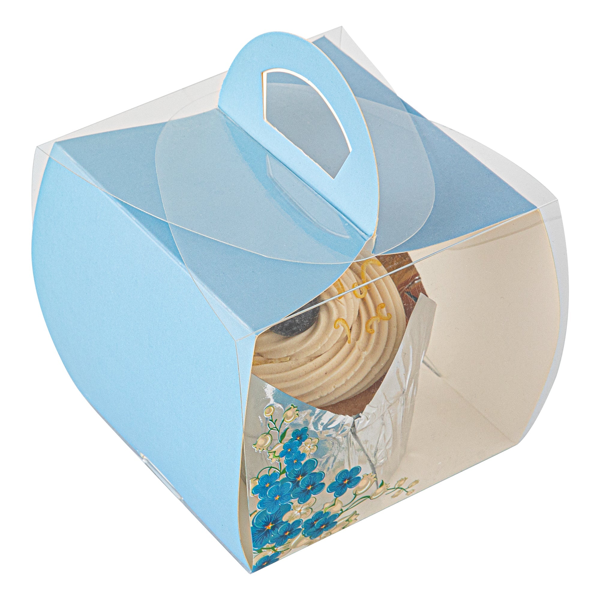 Sweet Vision Square Clear Plastic Cupcake Box - with Handle, Blue Paper Wrap, Flower Accent - 4" x 4" x 4 1/4" - 100 count box