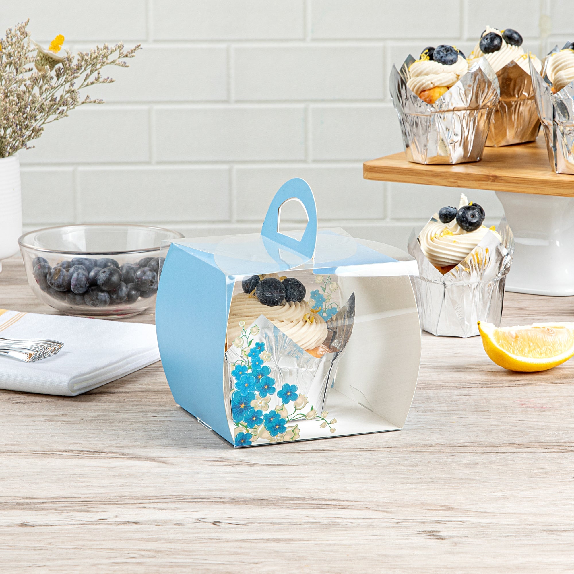 Sweet Vision Square Clear Plastic Cupcake Box - with Handle, Blue Paper Wrap, Flower Accent - 4" x 4" x 4 1/4" - 100 count box