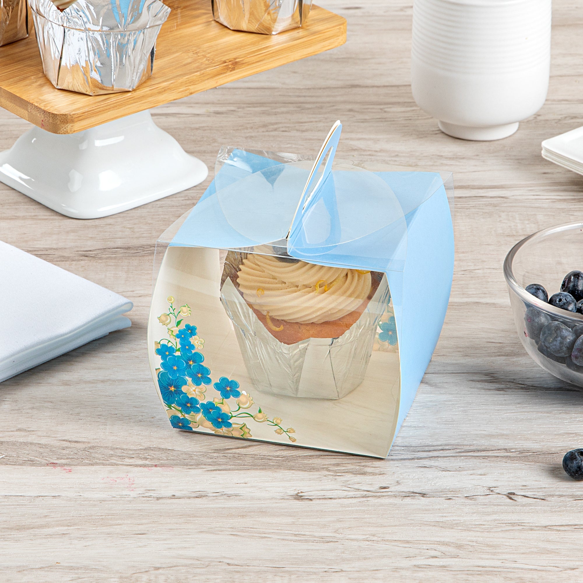 Sweet Vision Square Clear Plastic Cupcake Box - with Handle, Blue Paper Wrap, Flower Accent - 4" x 4" x 4 1/4" - 100 count box