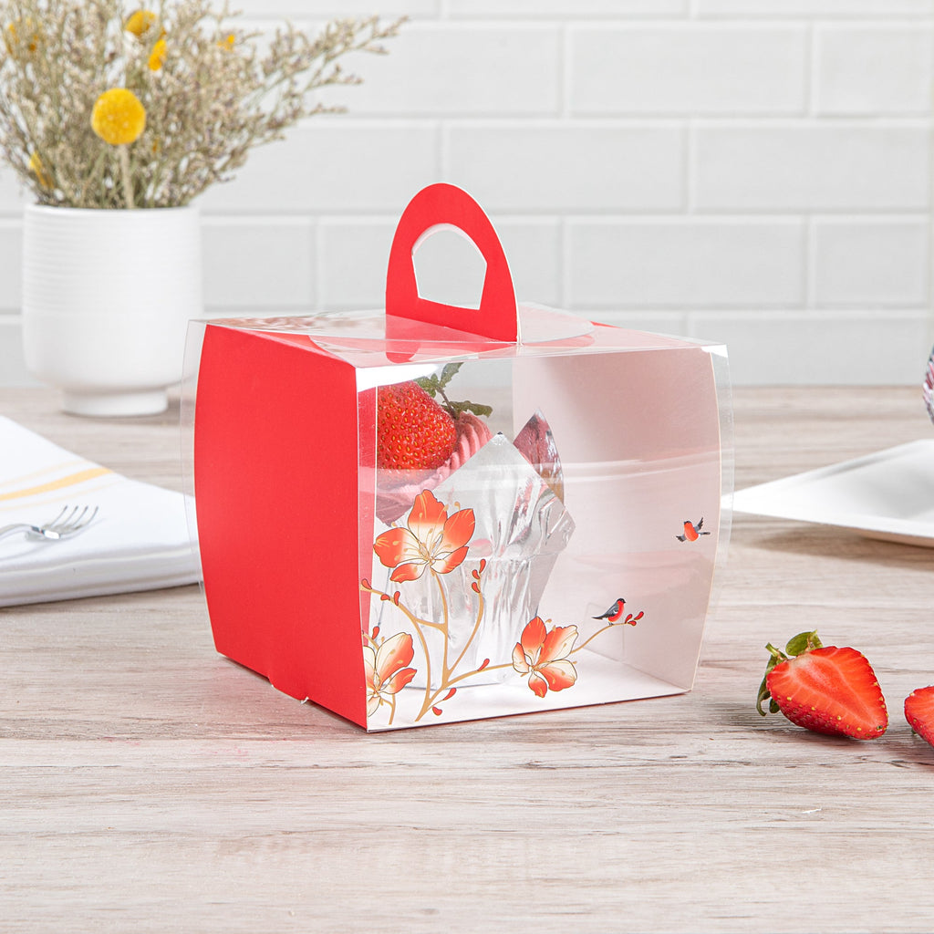 Sweet Vision Square Clear Plastic Cupcake Box - with Handle, Red Paper Wrap, Flower / Bird Accent - 4" x 4" x 4 1/4" - 100 count box