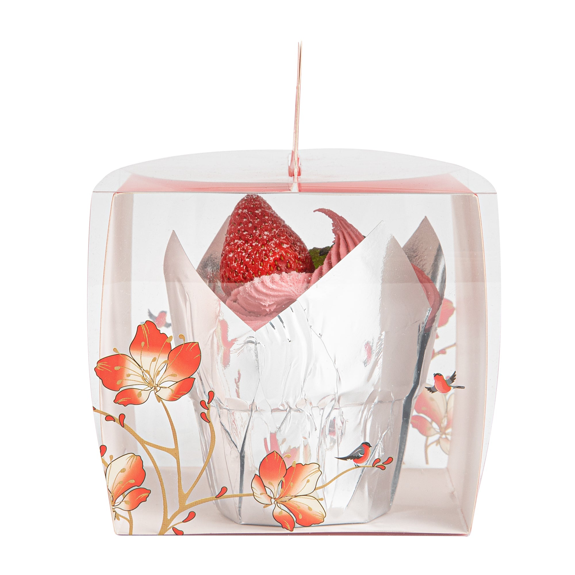 Sweet Vision Square Clear Plastic Cupcake Box - with Handle, Red Paper Wrap, Flower / Bird Accent - 4" x 4" x 4 1/4" - 100 count box