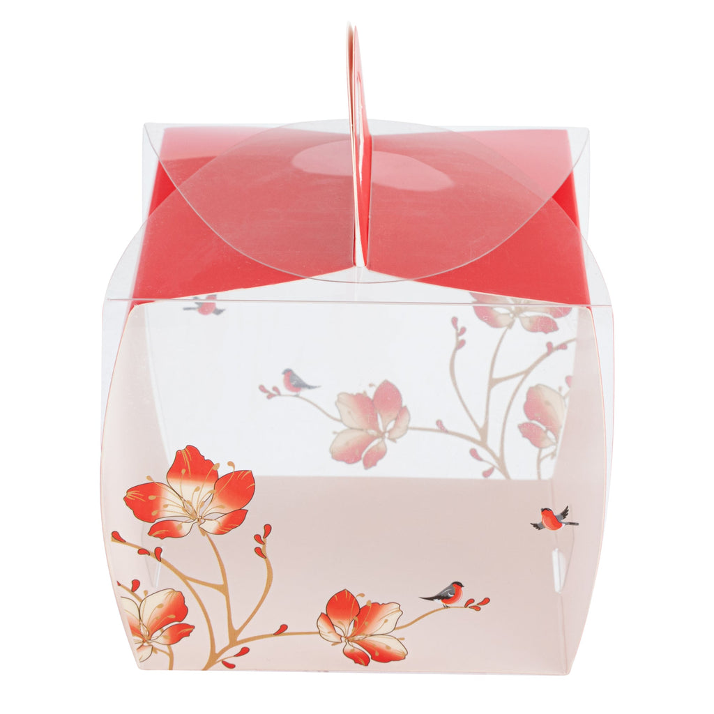 Sweet Vision Square Clear Plastic Cupcake Box - with Handle, Red Paper Wrap, Flower / Bird Accent - 4" x 4" x 4 1/4" - 100 count box