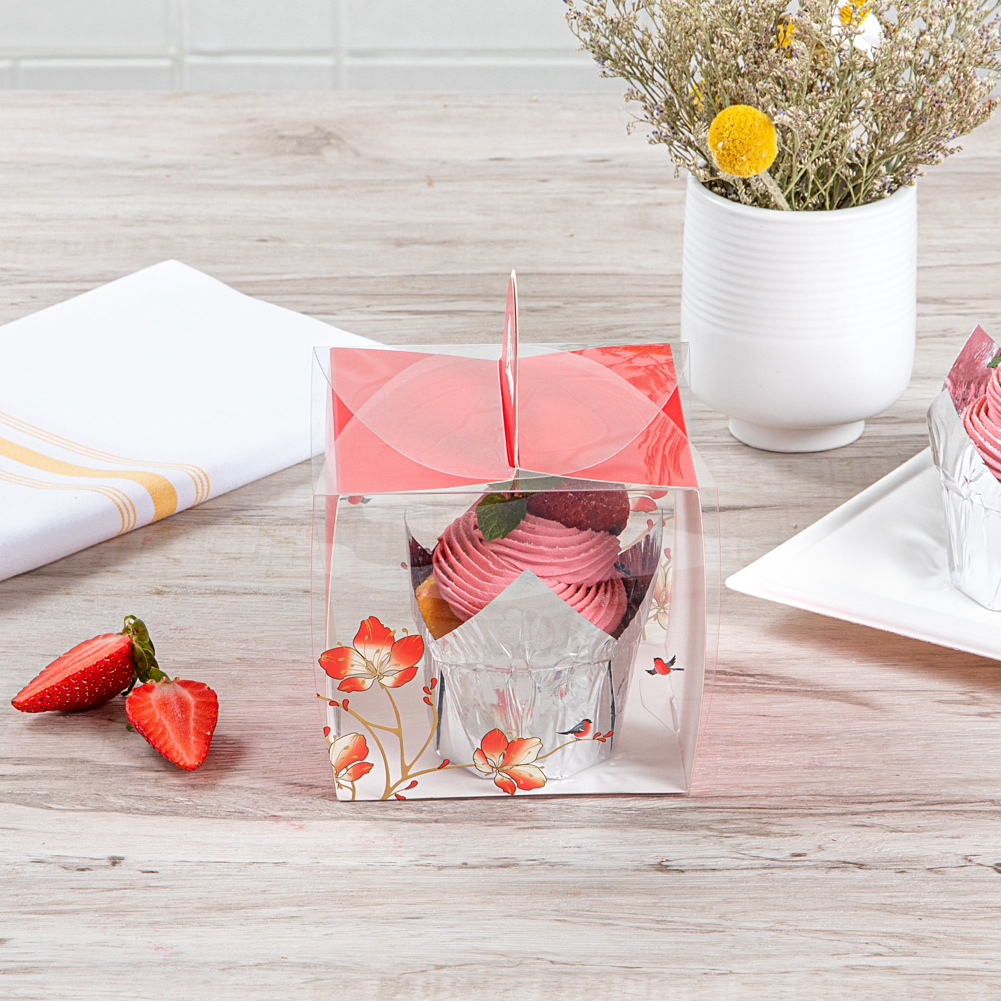 Sweet Vision Square Clear Plastic Cupcake Box - with Handle, Red Paper Wrap, Flower / Bird Accent - 4" x 4" x 4 1/4" - 100 count box