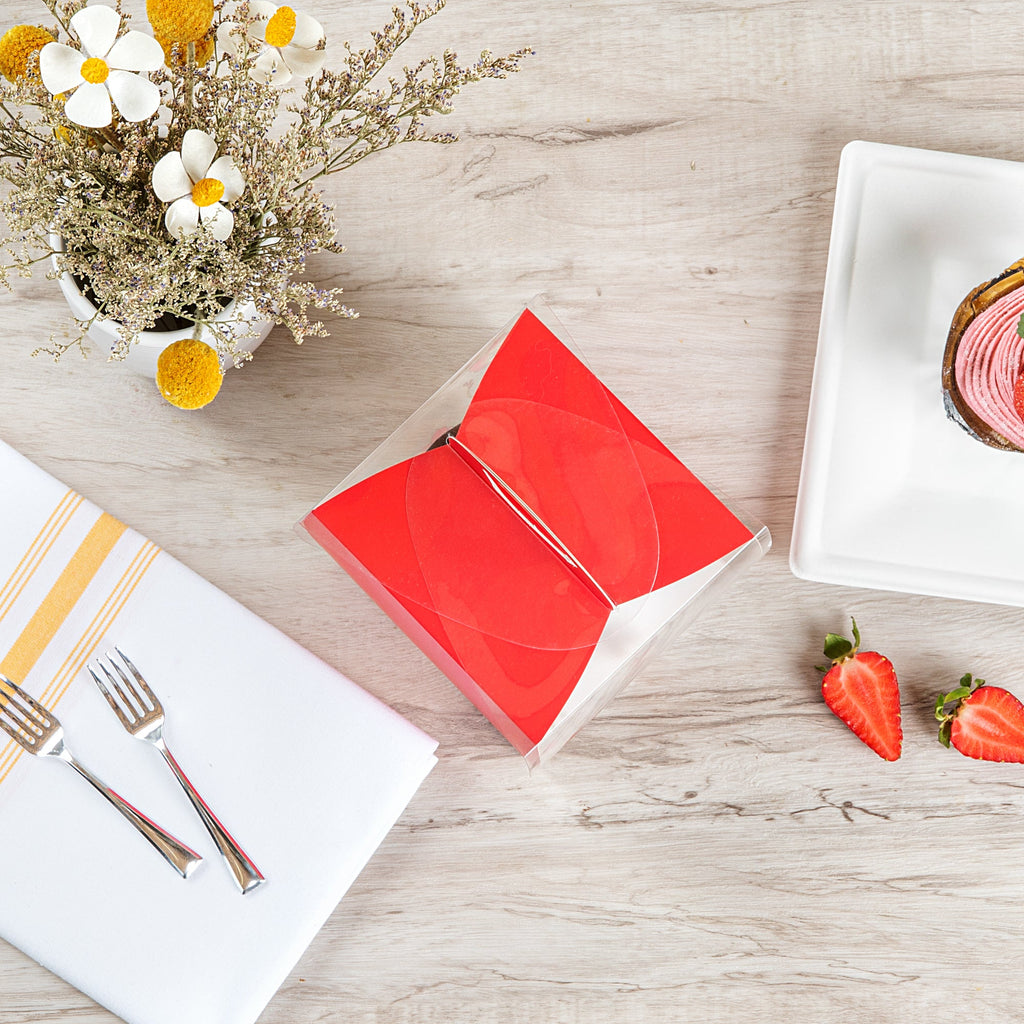 Sweet Vision Square Clear Plastic Cupcake Box - with Handle, Red Paper Wrap, Flower / Bird Accent - 4" x 4" x 4 1/4" - 100 count box