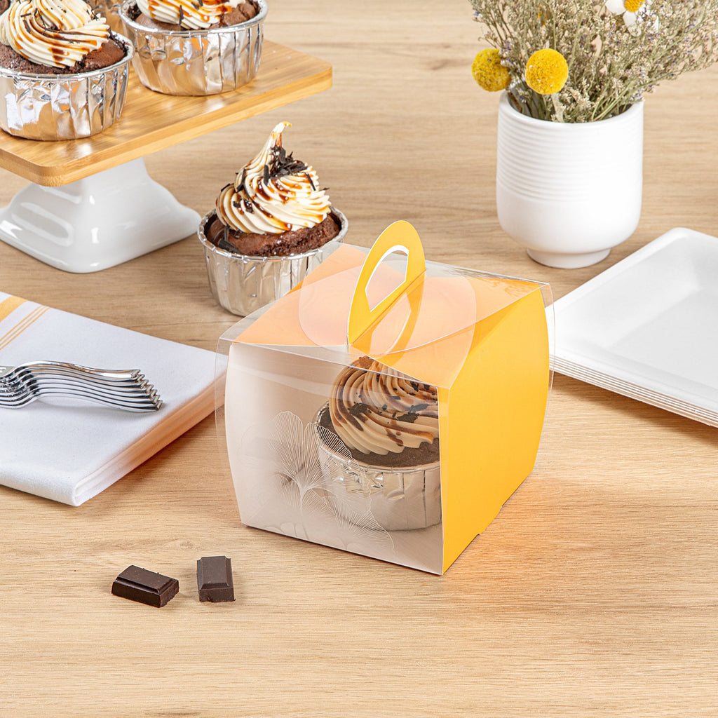 Sweet Vision Square Clear Plastic Cupcake Box - with Handle, Orange Paper Wrap, Leaf Accent - 4" x 4" x 4 1/4" - 100 count box
