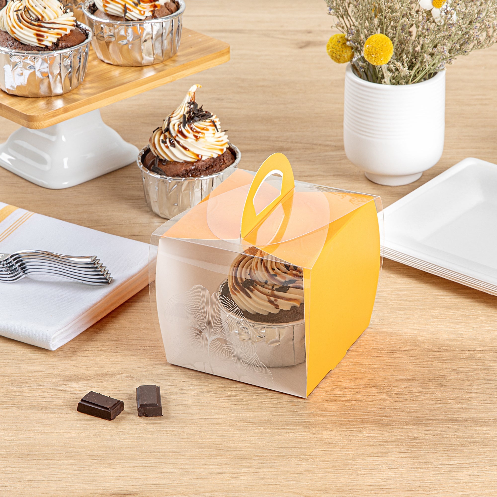 Sweet Vision Square Clear Plastic Cupcake Box - with Handle, Orange Paper Wrap, Leaf Accent - 4" x 4" x 4 1/4" - 100 count box