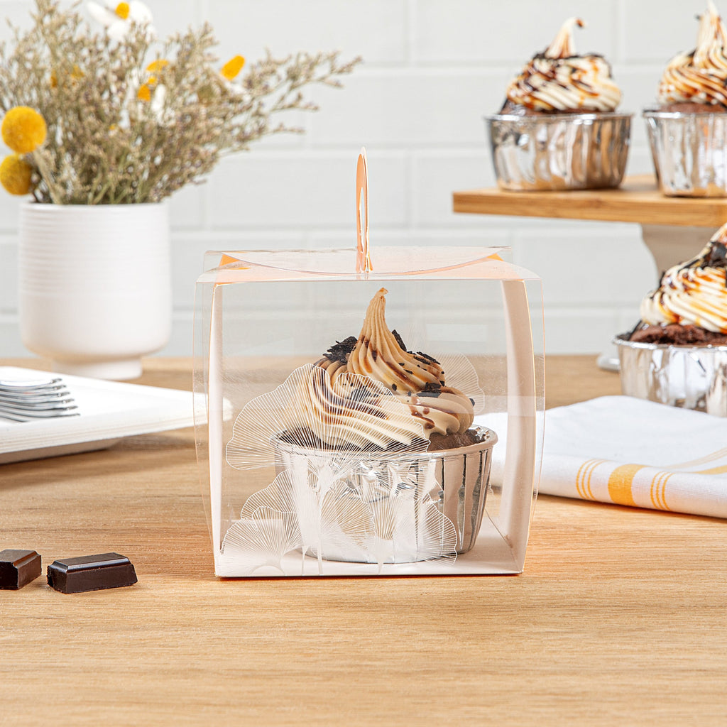 Sweet Vision Square Clear Plastic Cupcake Box - with Handle, Orange Paper Wrap, Leaf Accent - 4" x 4" x 4 1/4" - 100 count box