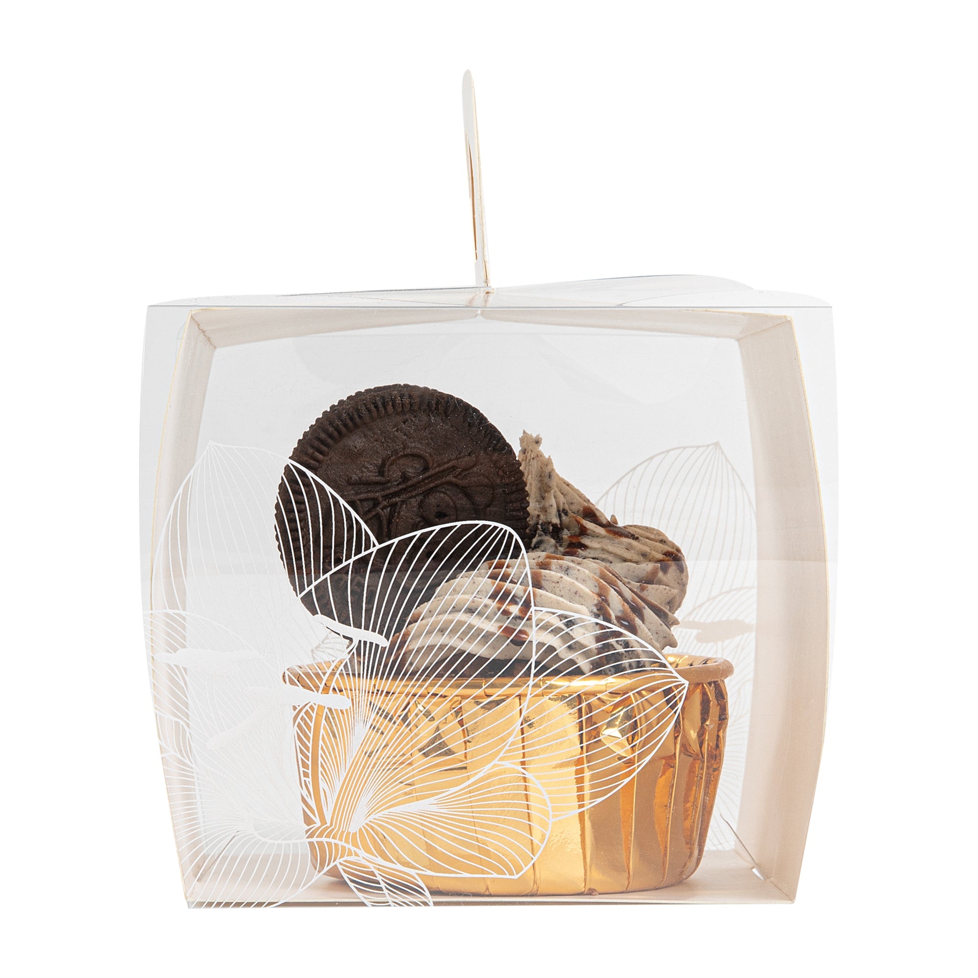 Sweet Vision Square Clear Plastic Cupcake Box - with Handle, White Paper Wrap, Lotus Accent - 4" x 4" x 4 1/4" - 100 count box