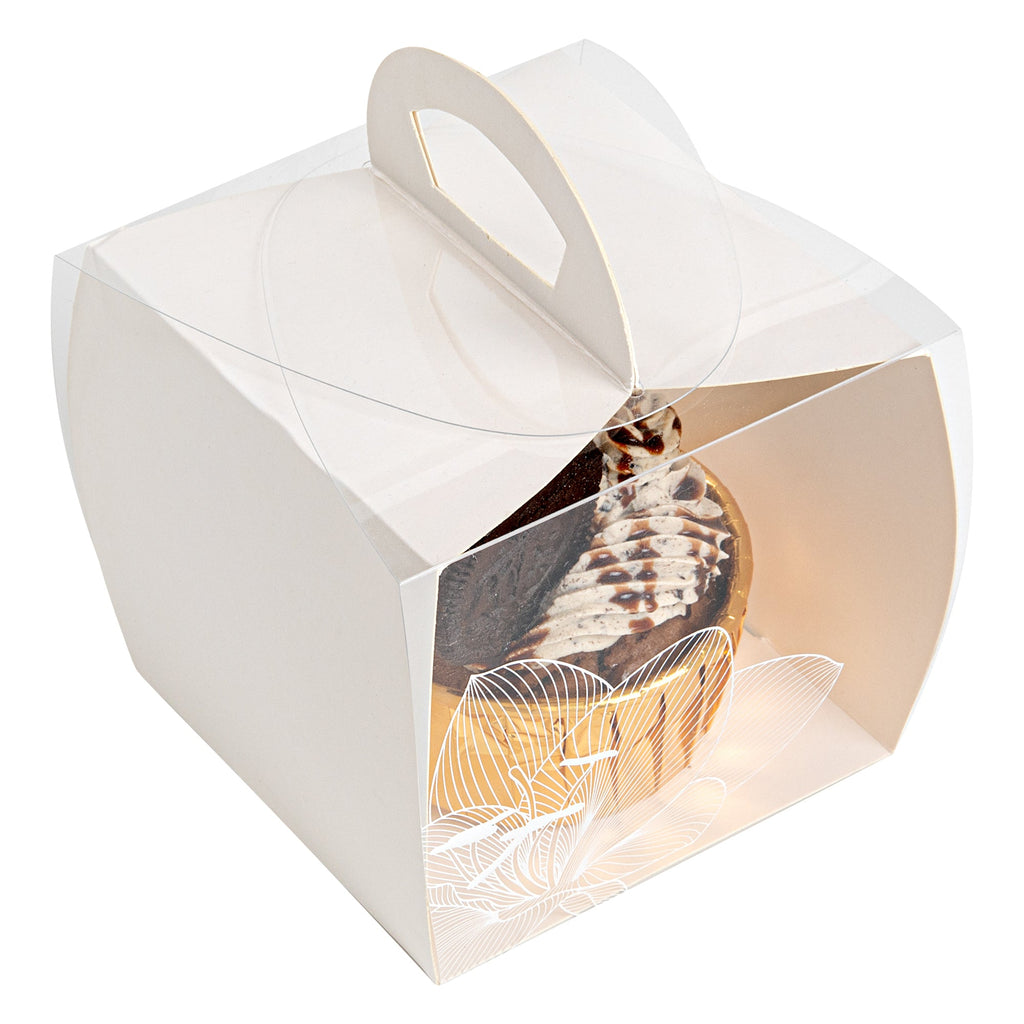 Sweet Vision Square Clear Plastic Cupcake Box - with Handle, White Paper Wrap, Lotus Accent - 4" x 4" x 4 1/4" - 100 count box