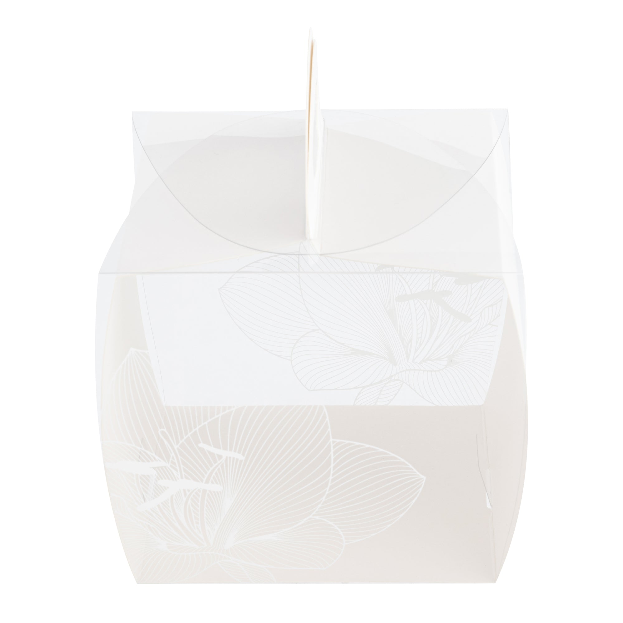 Sweet Vision Square Clear Plastic Cupcake Box - with Handle, White Paper Wrap, Lotus Accent - 4" x 4" x 4 1/4" - 100 count box