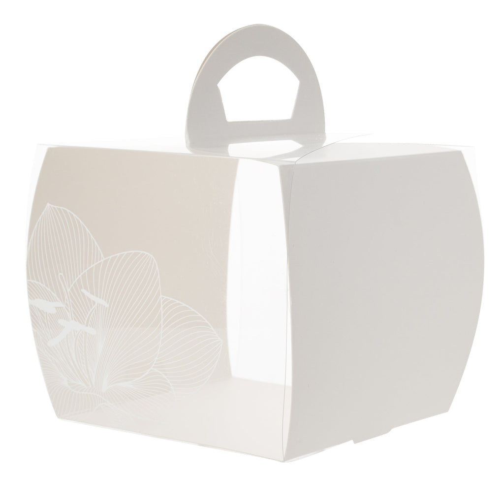 Sweet Vision Square Clear Plastic Cupcake Box - with Handle, White Paper Wrap, Lotus Accent - 4" x 4" x 4 1/4" - 100 count box