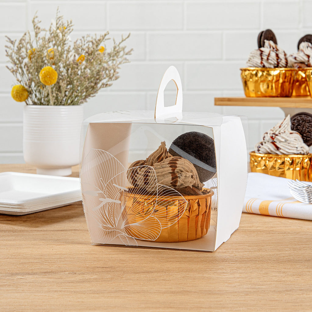 Sweet Vision Square Clear Plastic Cupcake Box - with Handle, White Paper Wrap, Lotus Accent - 4" x 4" x 4 1/4" - 100 count box