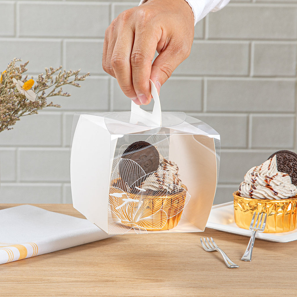 Sweet Vision Square Clear Plastic Cupcake Box - with Handle, White Paper Wrap, Lotus Accent - 4" x 4" x 4 1/4" - 100 count box