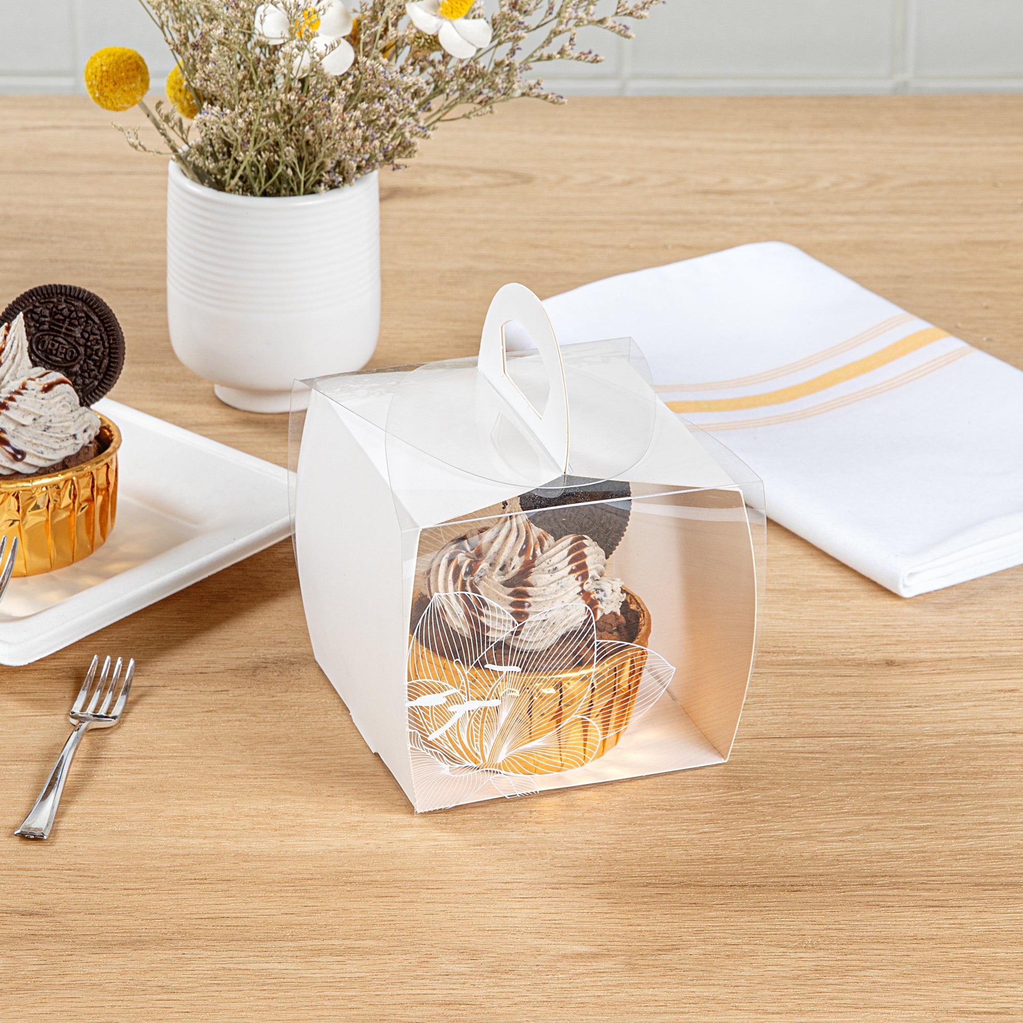 Sweet Vision Square Clear Plastic Cupcake Box - with Handle, White Paper Wrap, Lotus Accent - 4" x 4" x 4 1/4" - 100 count box