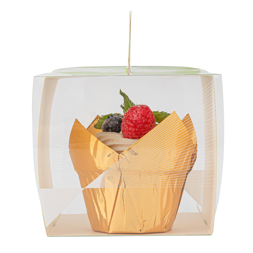Sweet Vision Square Clear Plastic Cupcake Box - with Handle, Yellow Paper Wrap, Geometric Line Accent - 4" x 4" x 4 1/4" - 100 count box