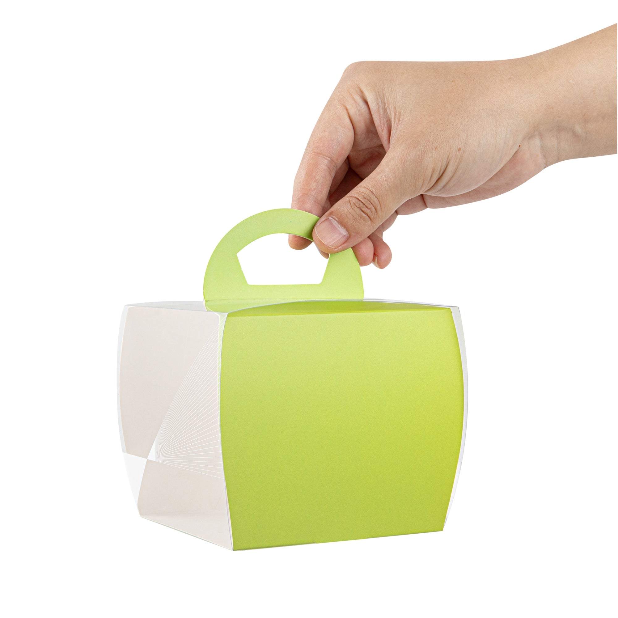 Sweet Vision Square Clear Plastic Cupcake Box - with Handle, Yellow Paper Wrap, Geometric Line Accent - 4" x 4" x 4 1/4" - 100 count box