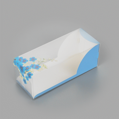 Sweet Vision Rectangle Clear Plastic Eclair Box - Blue Paper Sleeve, Flower Accent - 7" x 2 1/2" x 2 1/2" - 100 count box