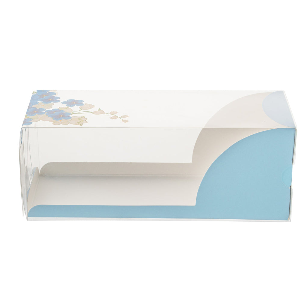 Sweet Vision Rectangle Clear Plastic Eclair Box - Blue Paper Sleeve, Flower Accent - 7" x 2 1/2" x 2 1/2" - 100 count box