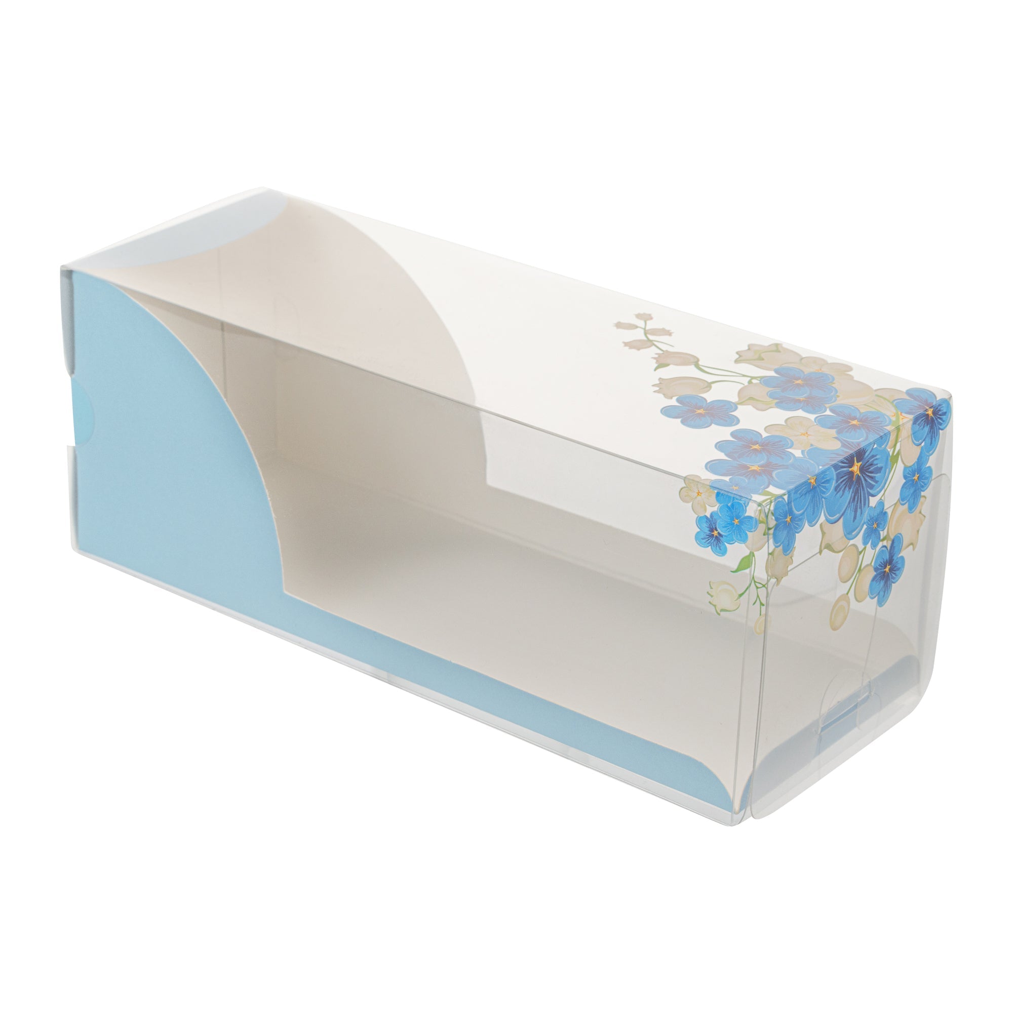 Sweet Vision Rectangle Clear Plastic Eclair Box - Blue Paper Sleeve, Flower Accent - 7" x 2 1/2" x 2 1/2" - 100 count box