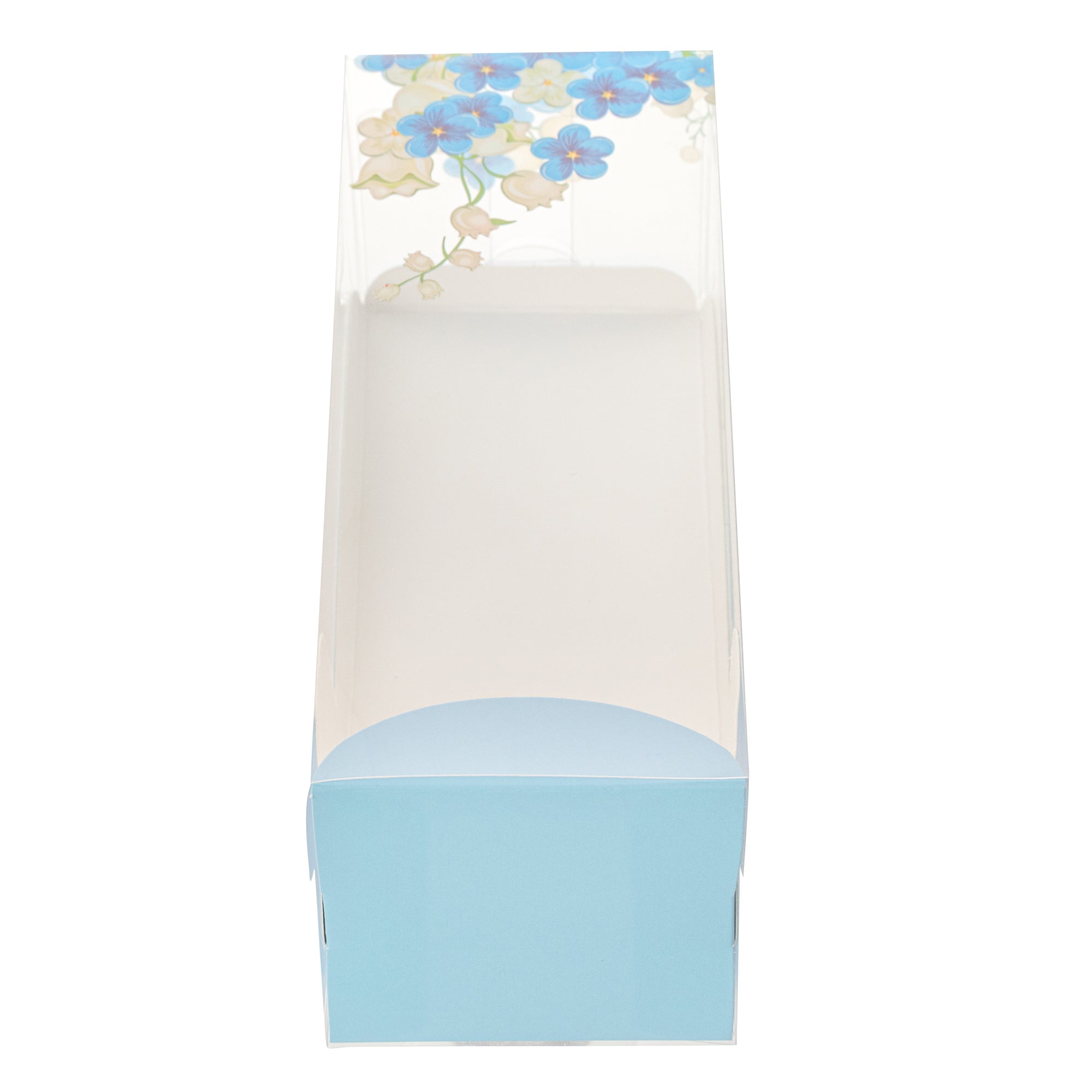 Sweet Vision Rectangle Clear Plastic Eclair Box - Blue Paper Sleeve, Flower Accent - 7" x 2 1/2" x 2 1/2" - 100 count box