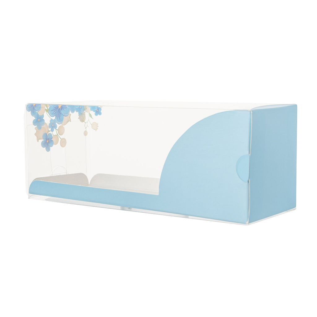 Sweet Vision Rectangle Clear Plastic Eclair Box - Blue Paper Sleeve, Flower Accent - 7" x 2 1/2" x 2 1/2" - 100 count box