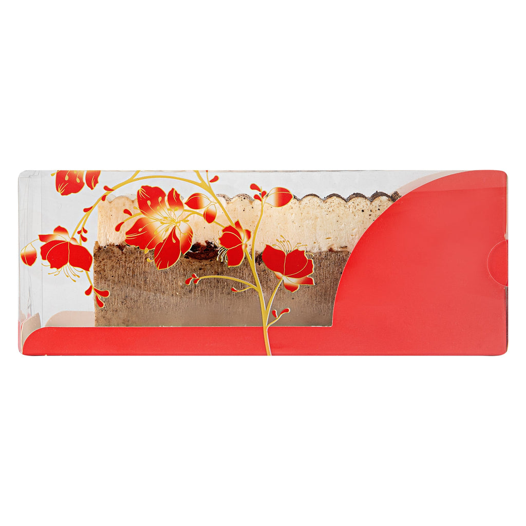 Sweet Vision Rectangle Clear Plastic Eclair Box - Red Paper Sleeve, Flower / Bird Accent - 7" x 2 1/2" x 2 1/2" - 100 count box
