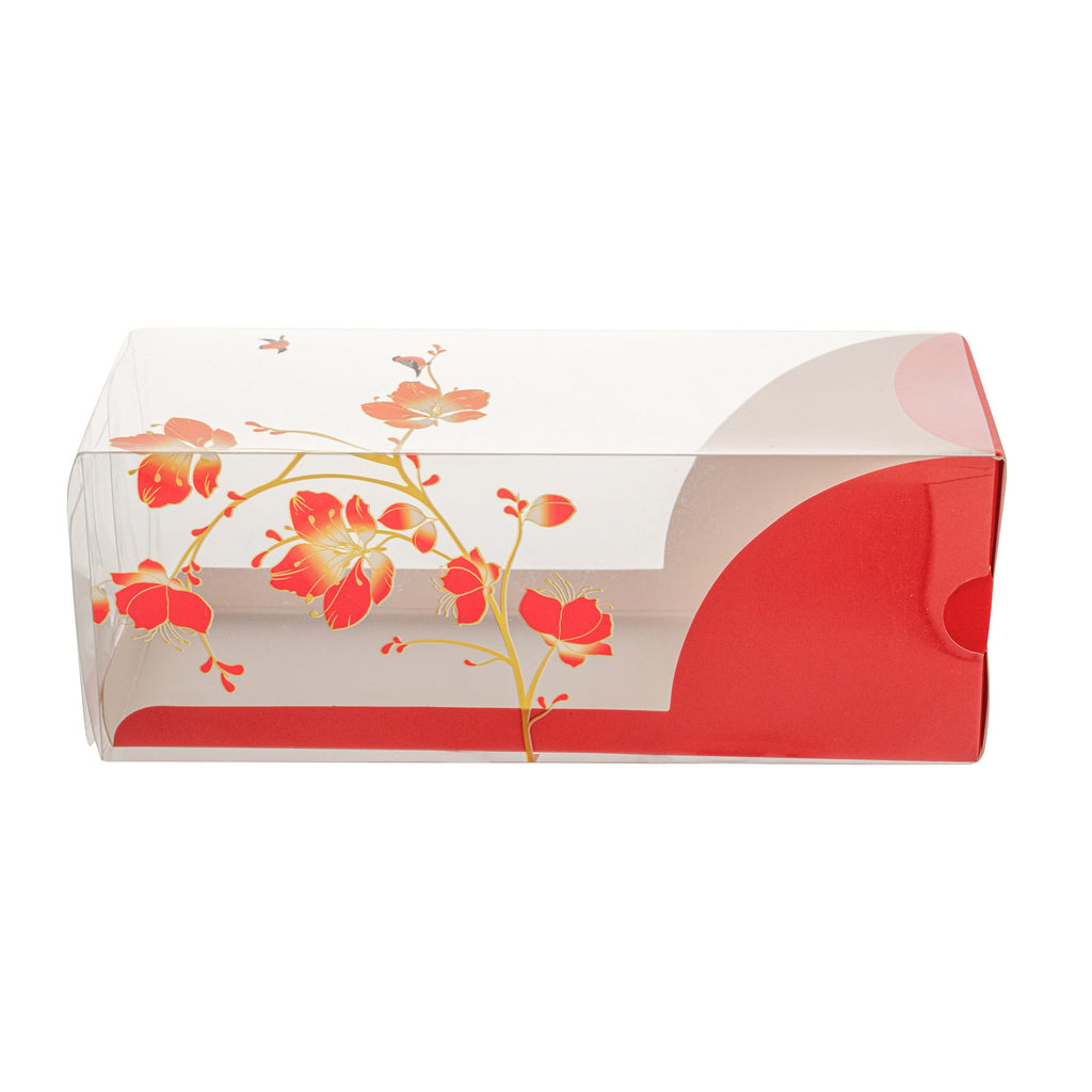 Sweet Vision Rectangle Clear Plastic Eclair Box - Red Paper Sleeve, Flower / Bird Accent - 7" x 2 1/2" x 2 1/2" - 100 count box