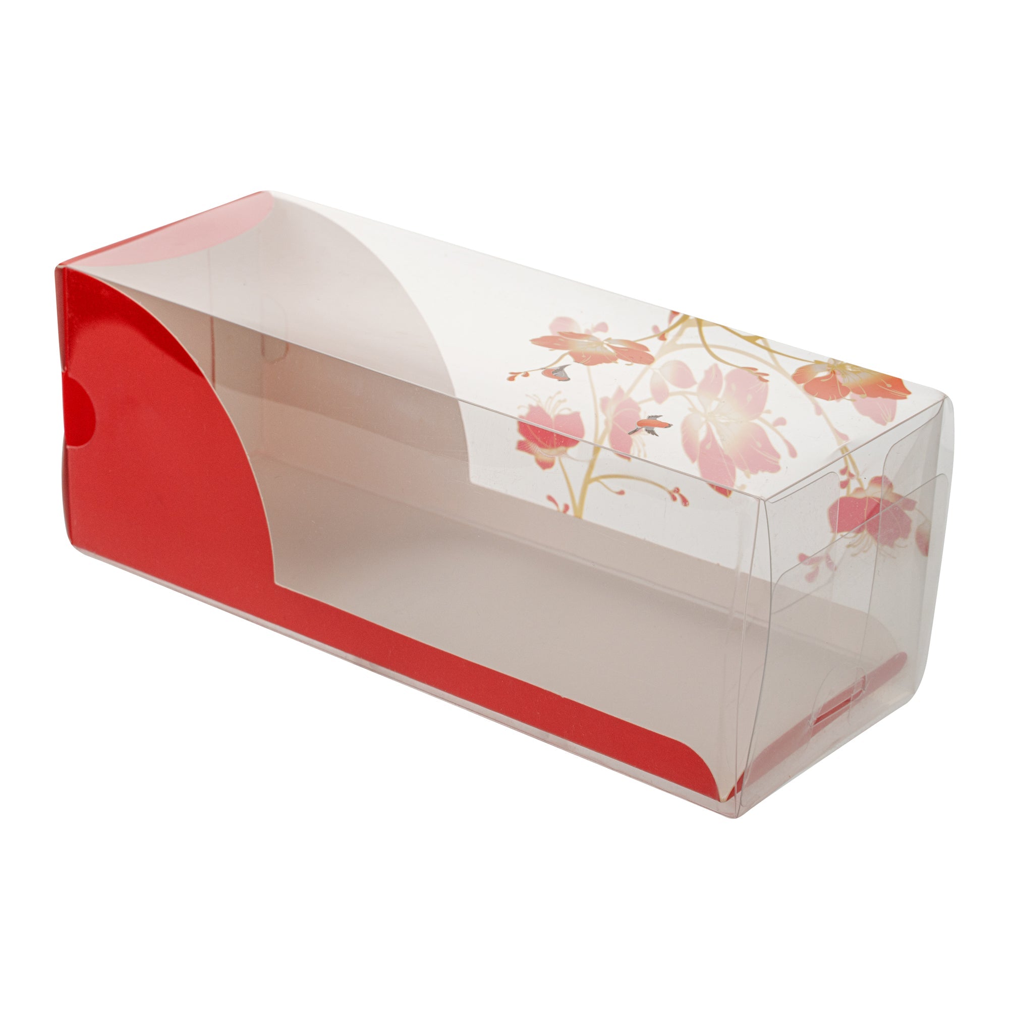 Sweet Vision Rectangle Clear Plastic Eclair Box - Red Paper Sleeve, Flower / Bird Accent - 7" x 2 1/2" x 2 1/2" - 100 count box