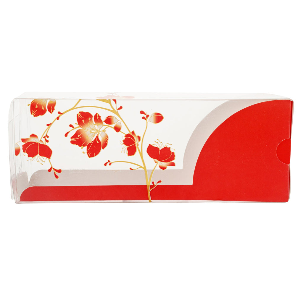 Sweet Vision Rectangle Clear Plastic Eclair Box - Red Paper Sleeve, Flower / Bird Accent - 7" x 2 1/2" x 2 1/2" - 100 count box